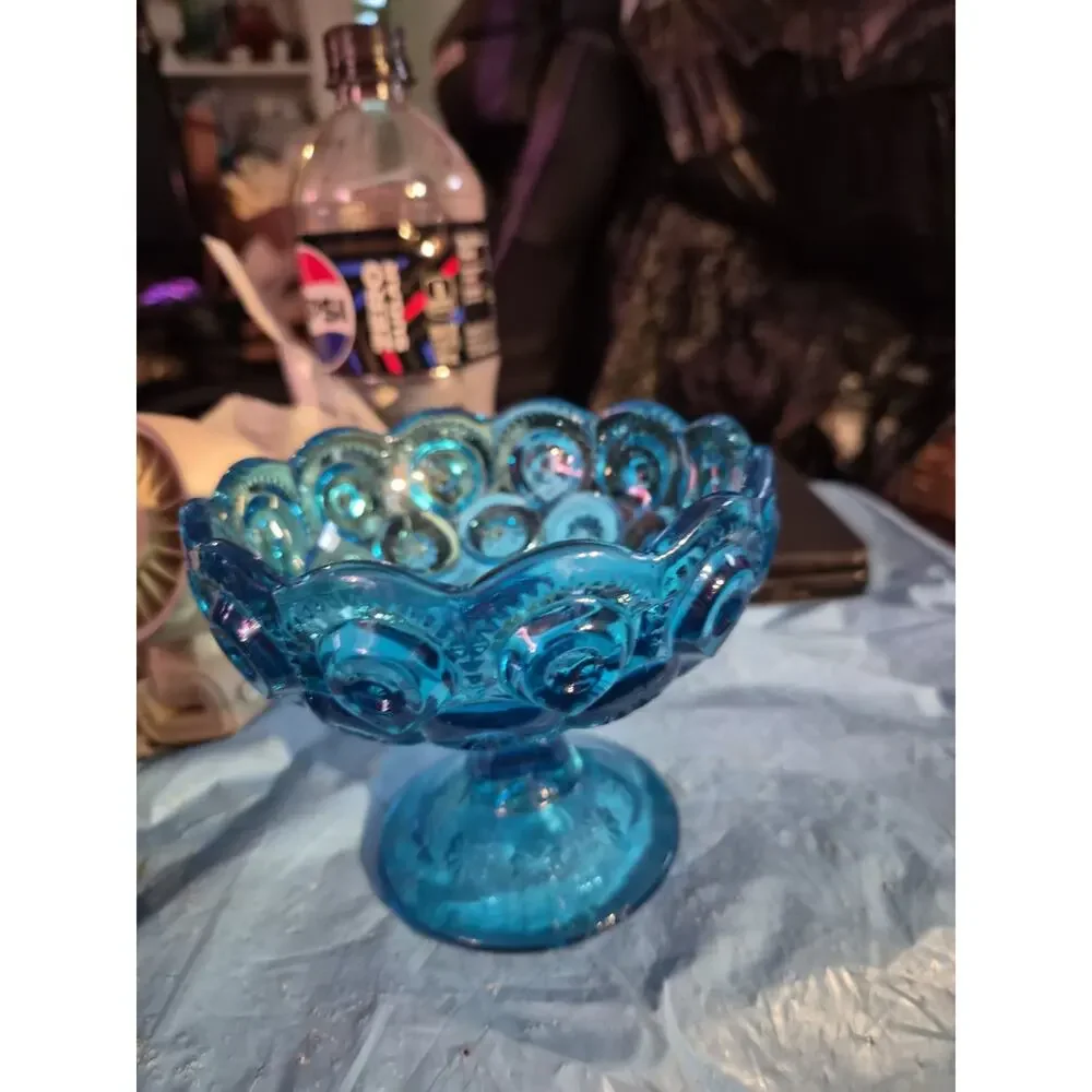 Vintage LE Smith Blue Moon and Stars Glass Pedestal Compote Candy Dish 4 in